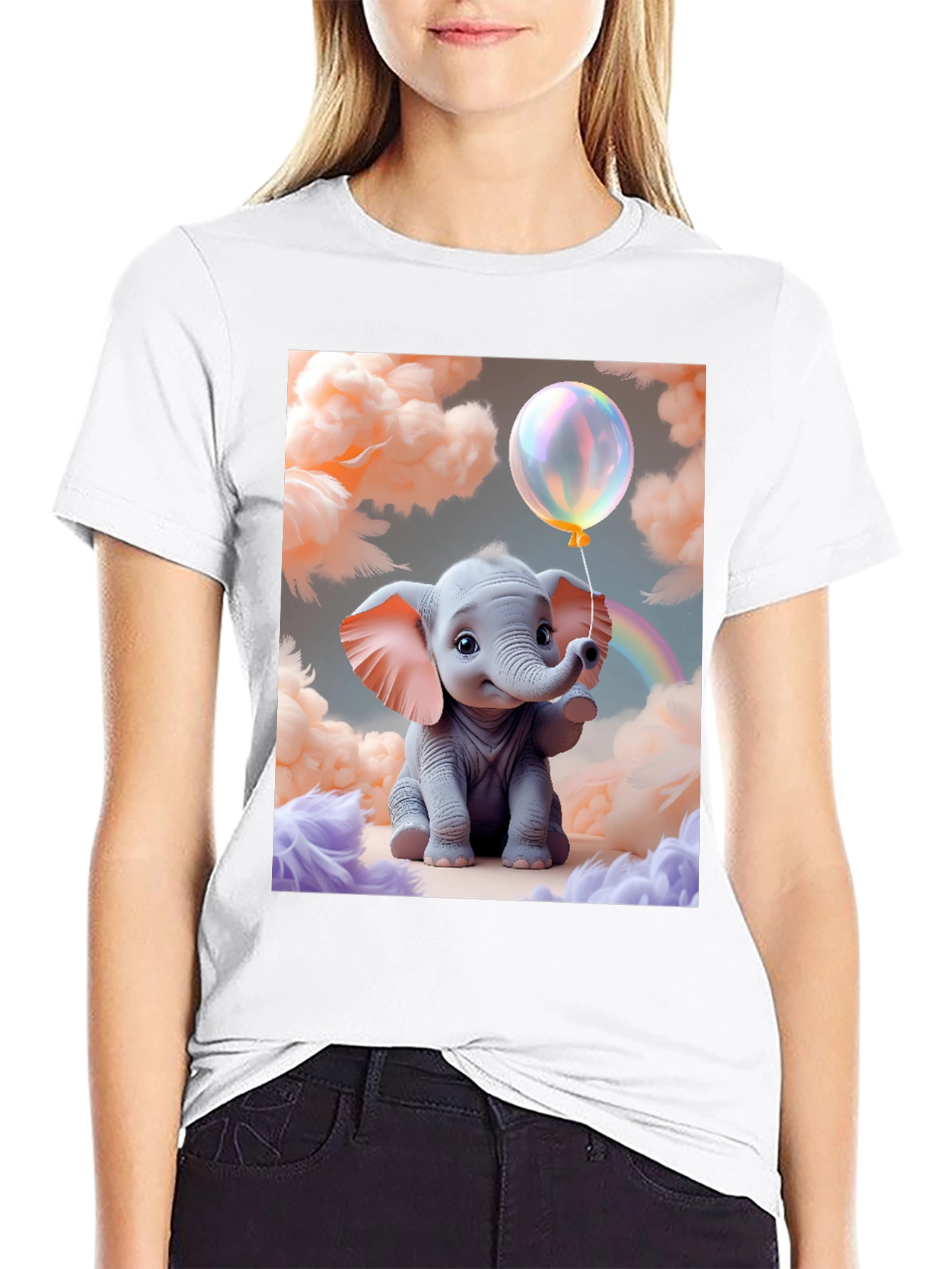 Cute Baby Elephant Holding Balloon Graphic Tee