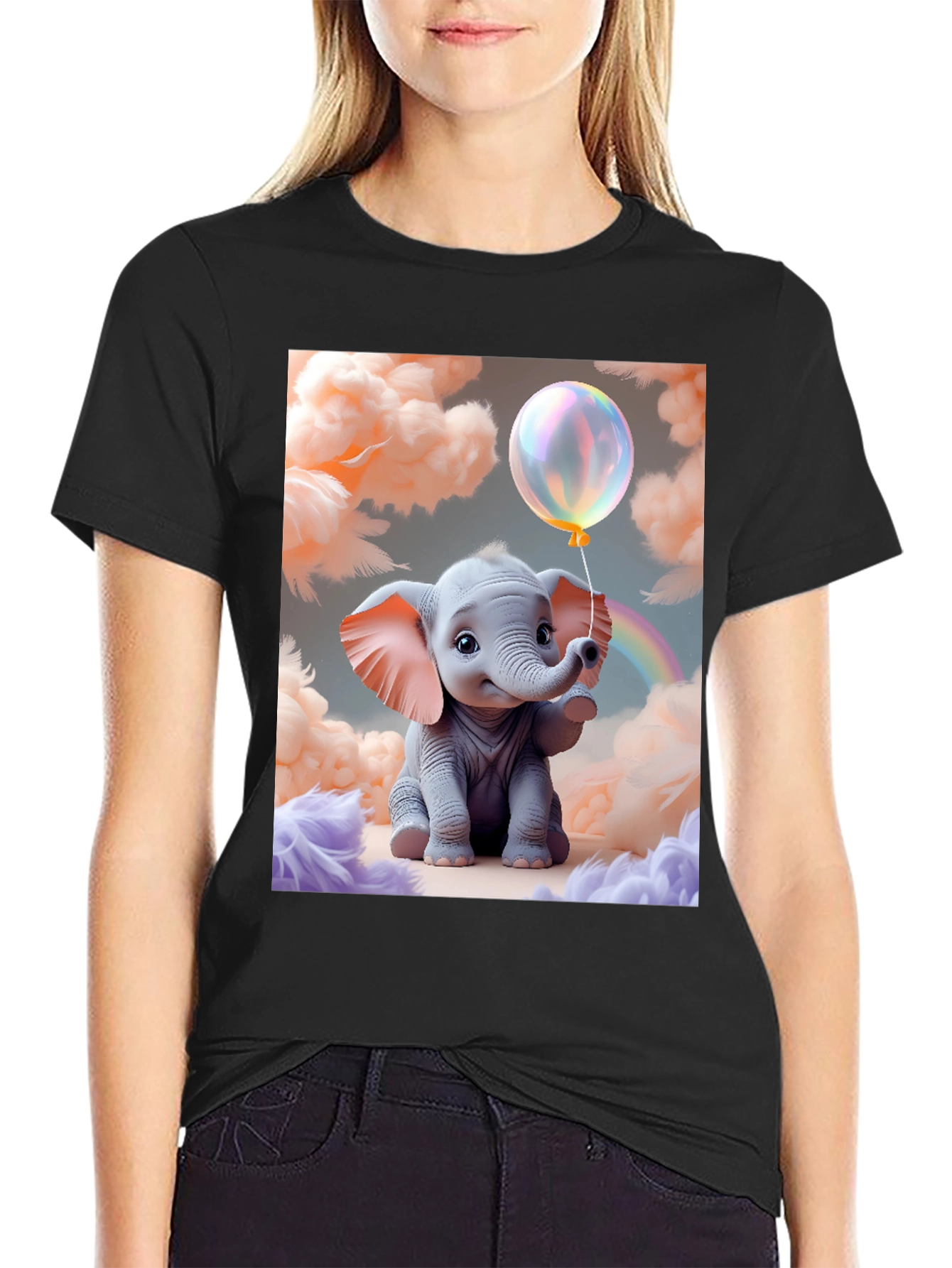Cute Baby Elephant Holding Balloon Graphic Tee