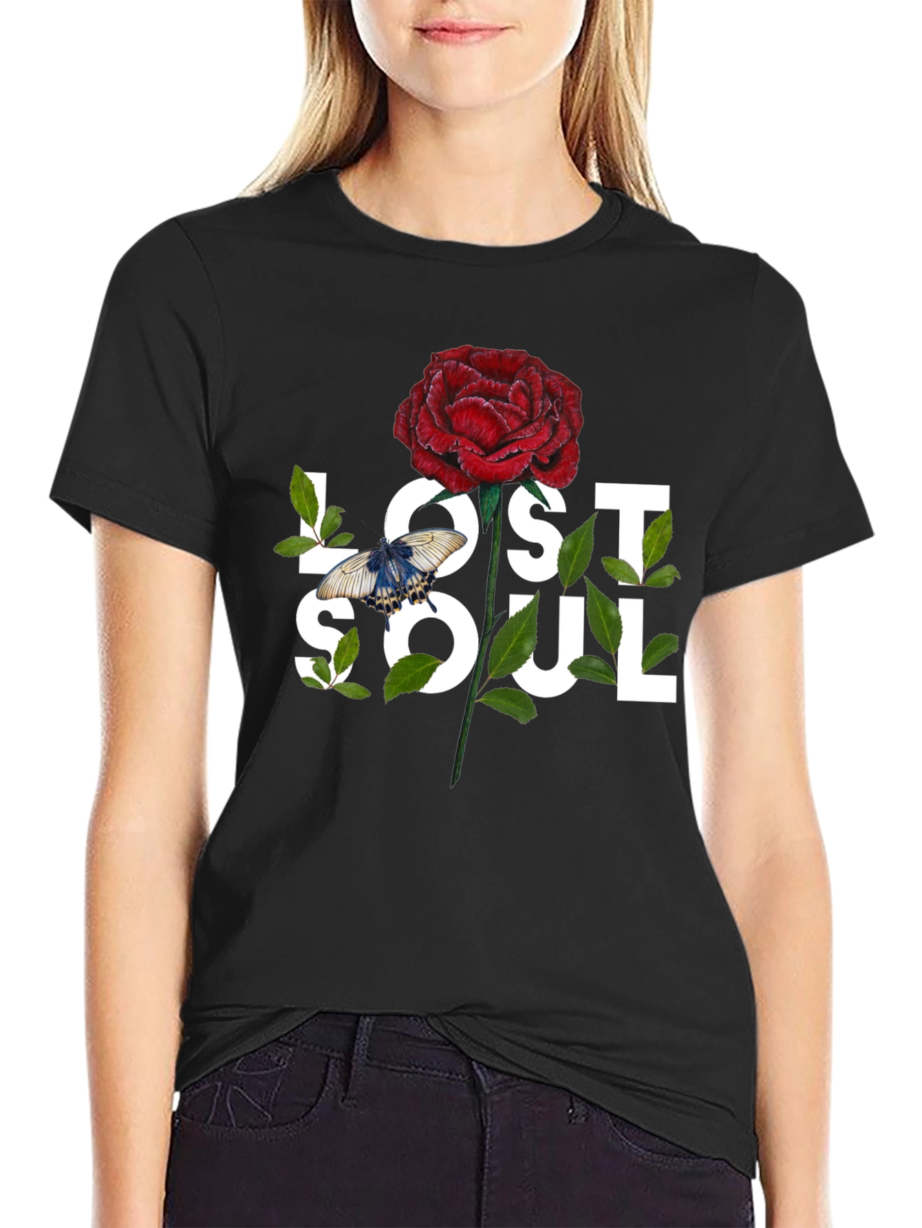 Lost Soul Rose Graphic Tee - Black Casual T-Shirt