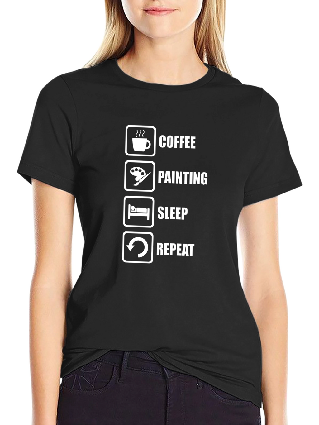 Coffee Painting Sleep Repeat Black Graphic T-Shirt