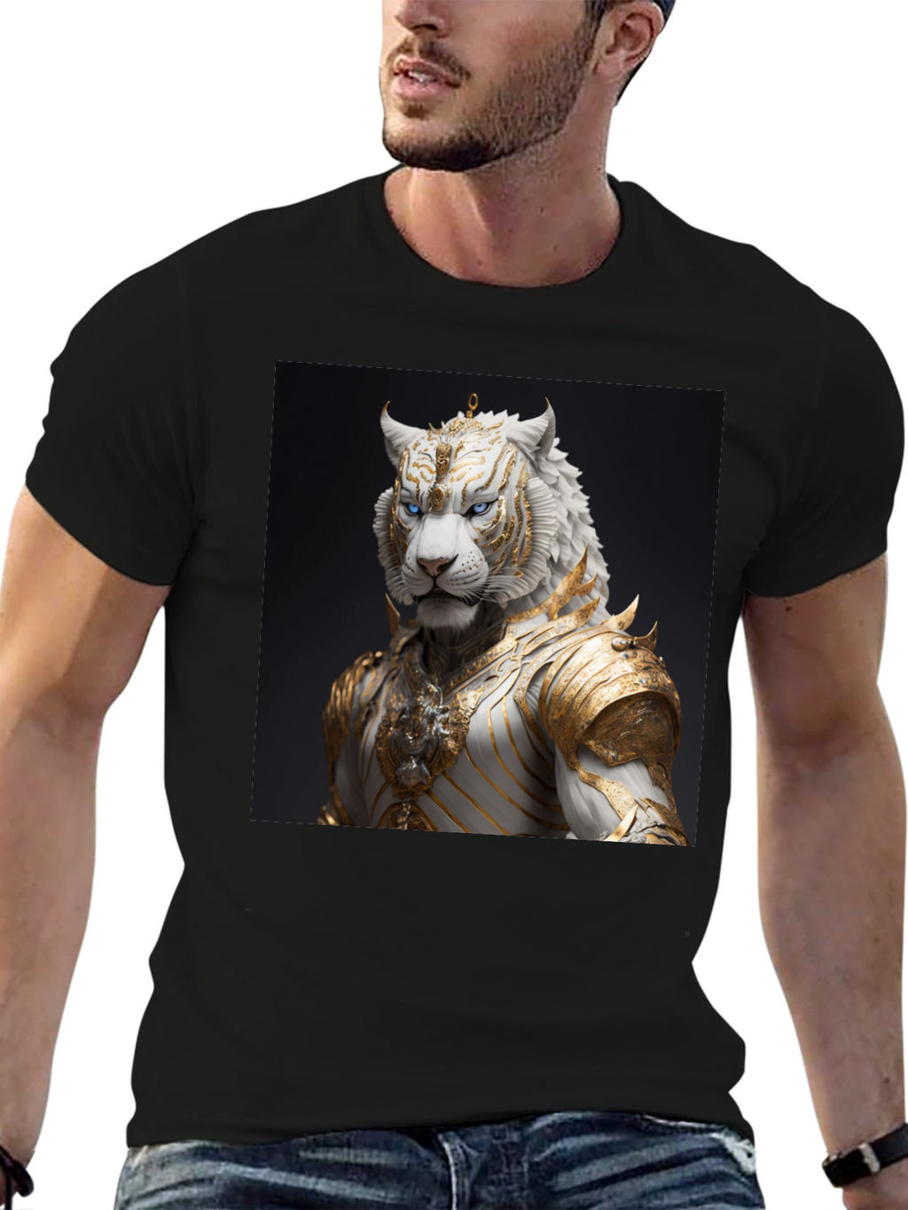 Black T-Shirt with Regal White Tiger Graphic