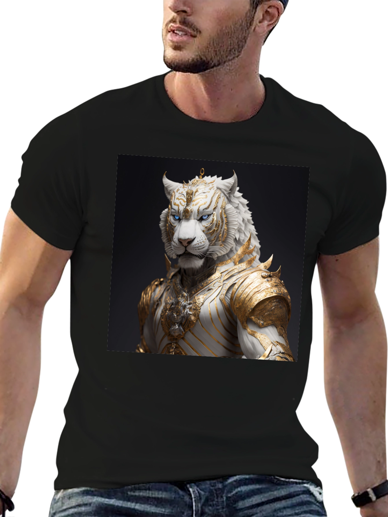Black T-Shirt with Regal White Tiger Graphic