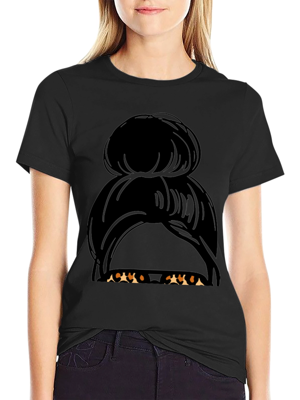 Messy Bun Hair Leopard Sunglasses T-Shirt