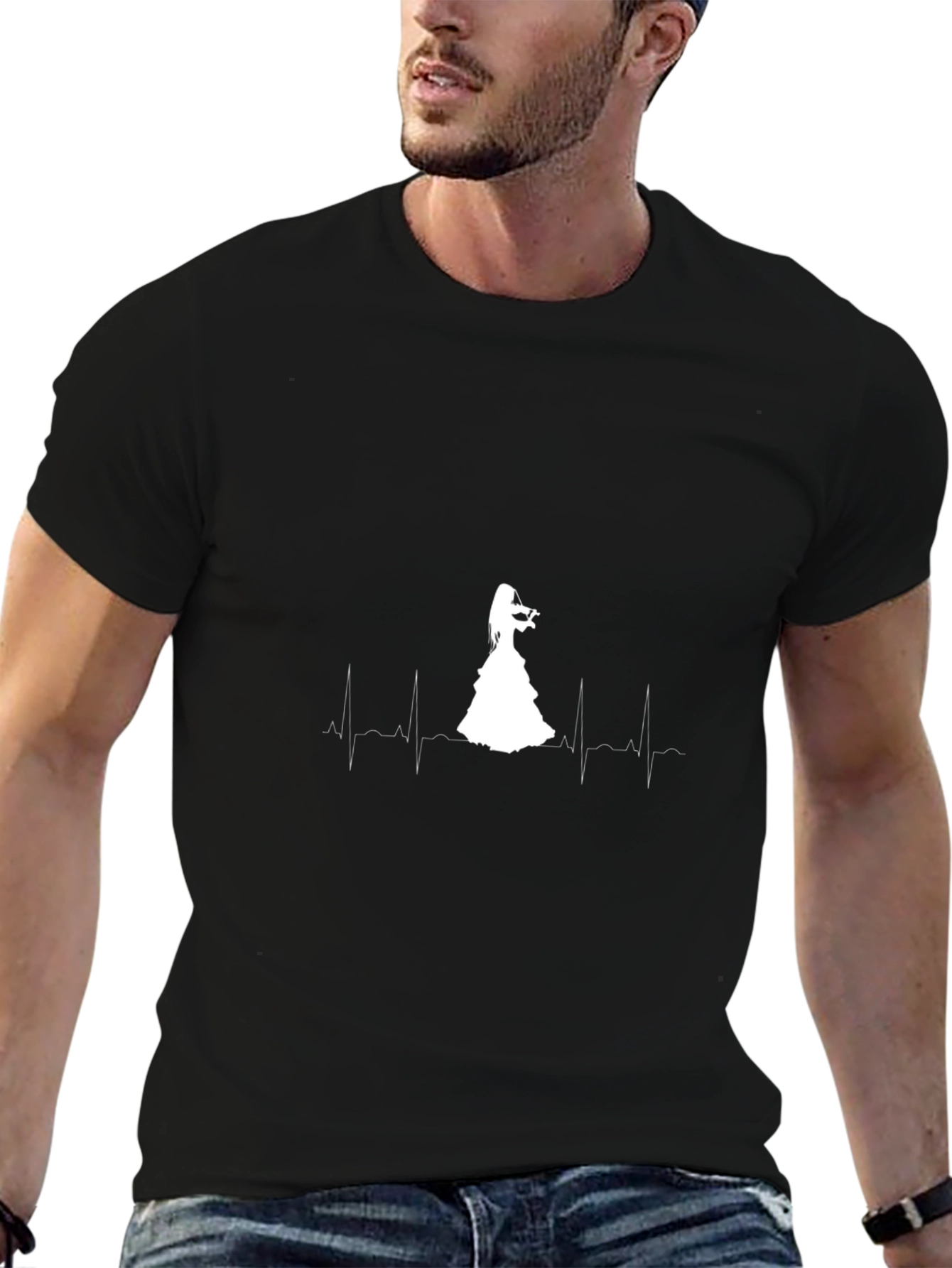 Violinist Heartbeat Graphic Black T-Shirt