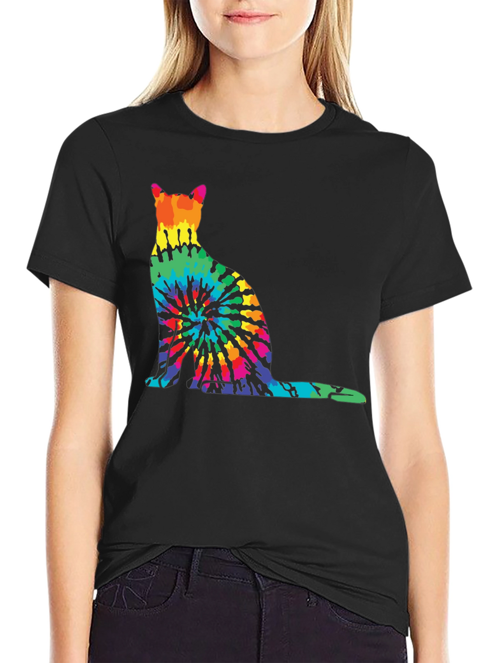 Tie-Dye Cat Graphic Tee - Unique Rainbow Cat Design