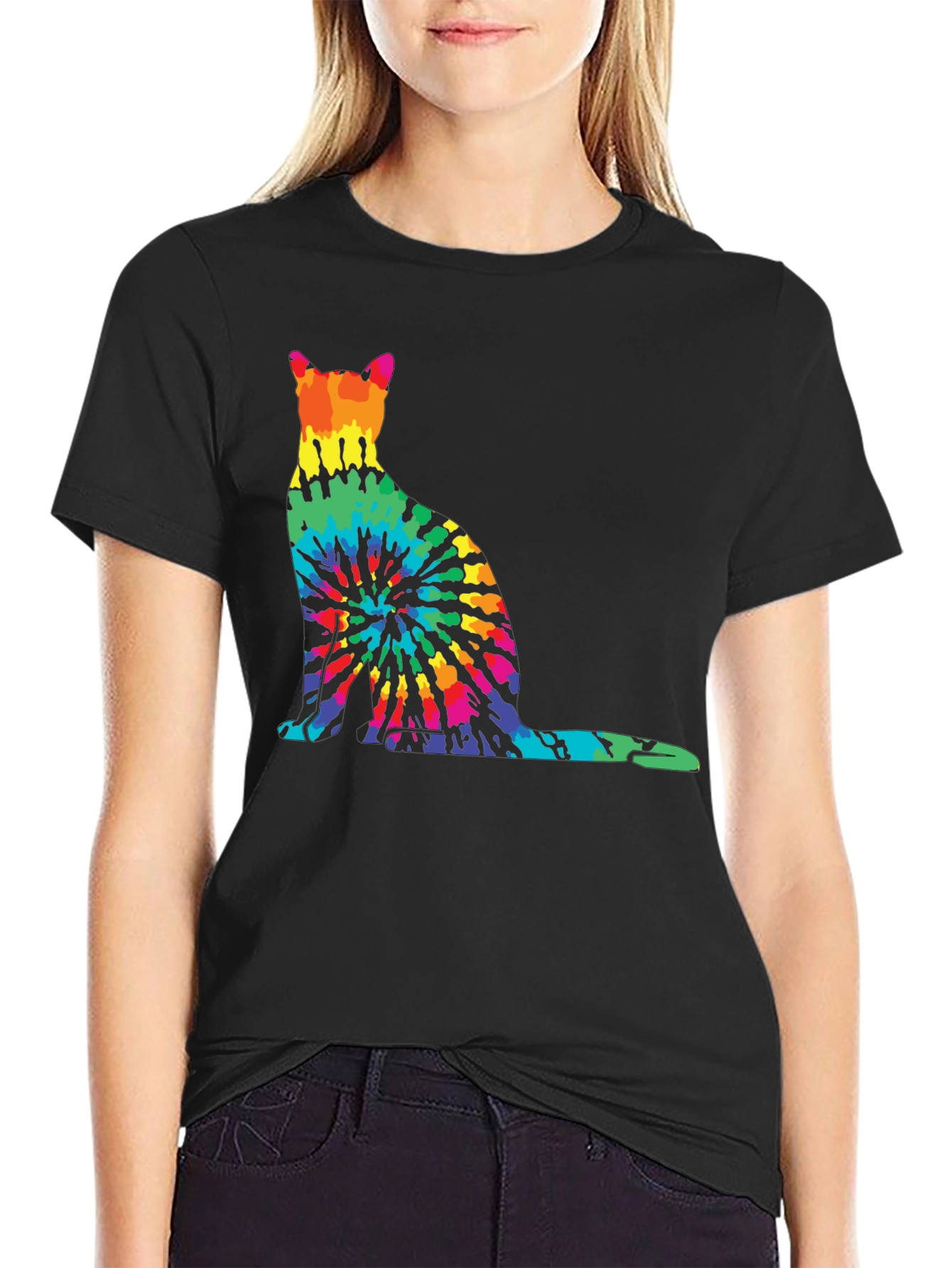 Tie-Dye Cat Graphic Tee - Unique Rainbow Cat Design