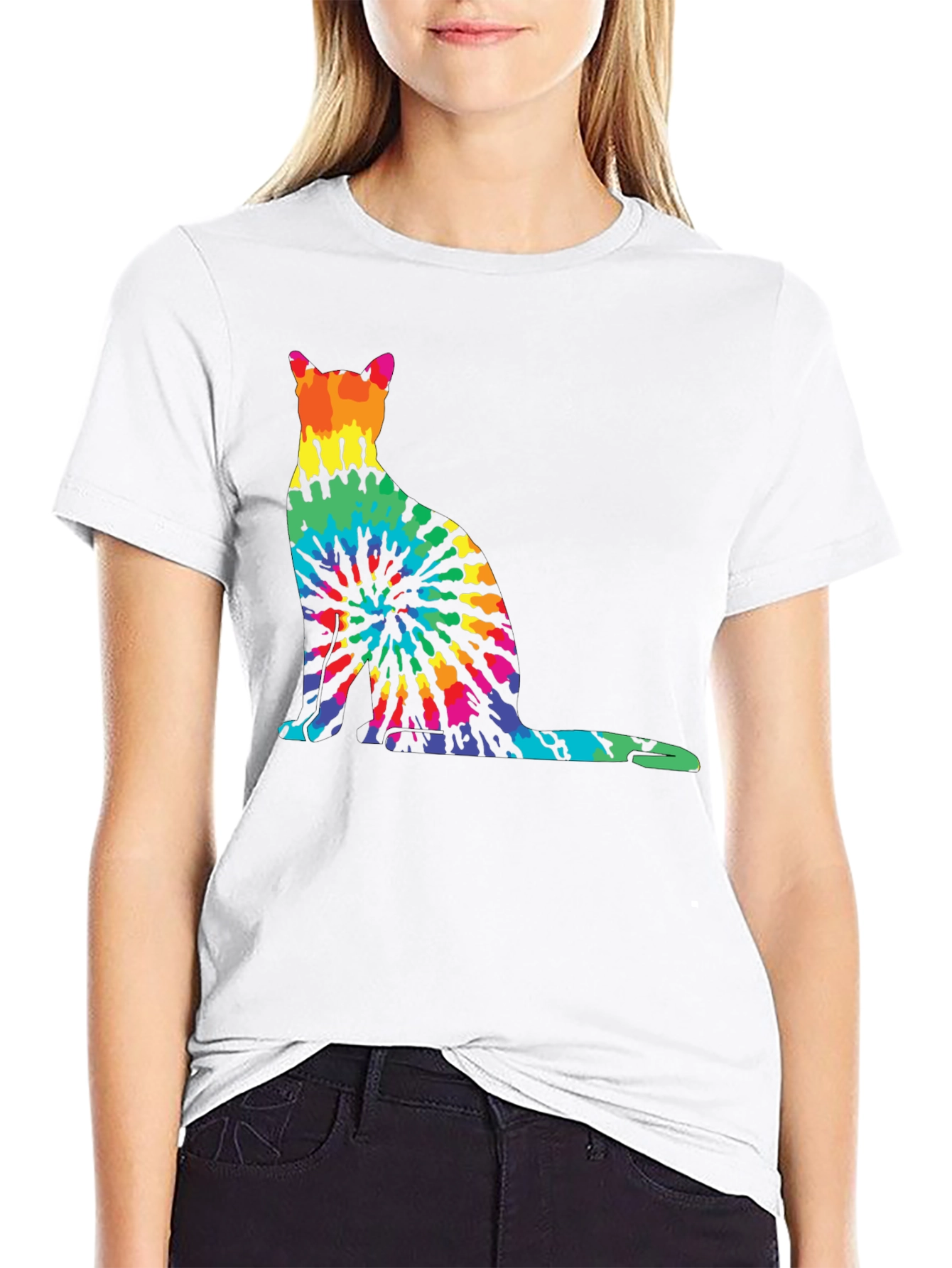 Tie-Dye Cat Graphic Tee - Unique Rainbow Cat Design