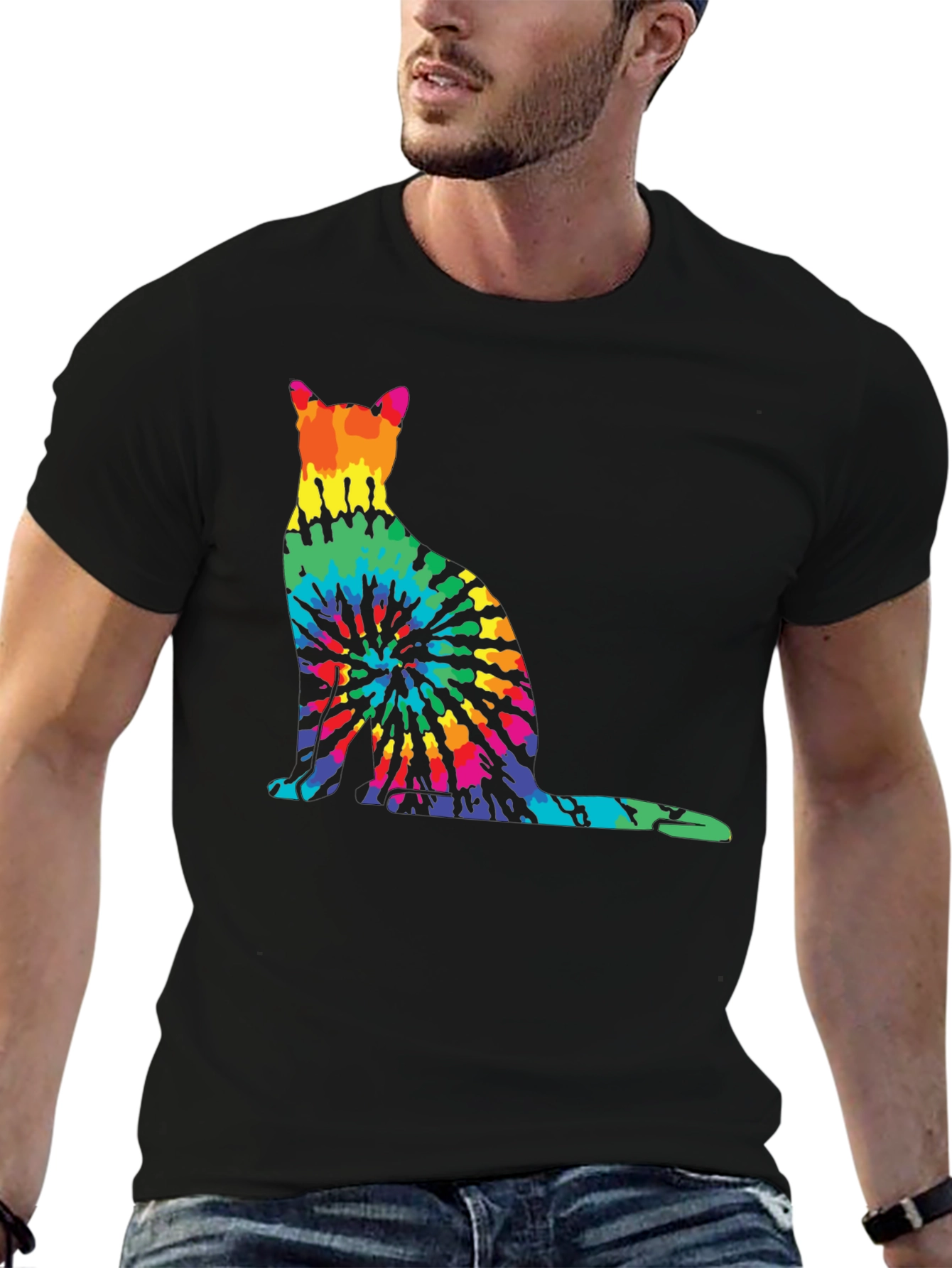 Tie-Dye Cat Graphic Tee - Unique Rainbow Cat Design