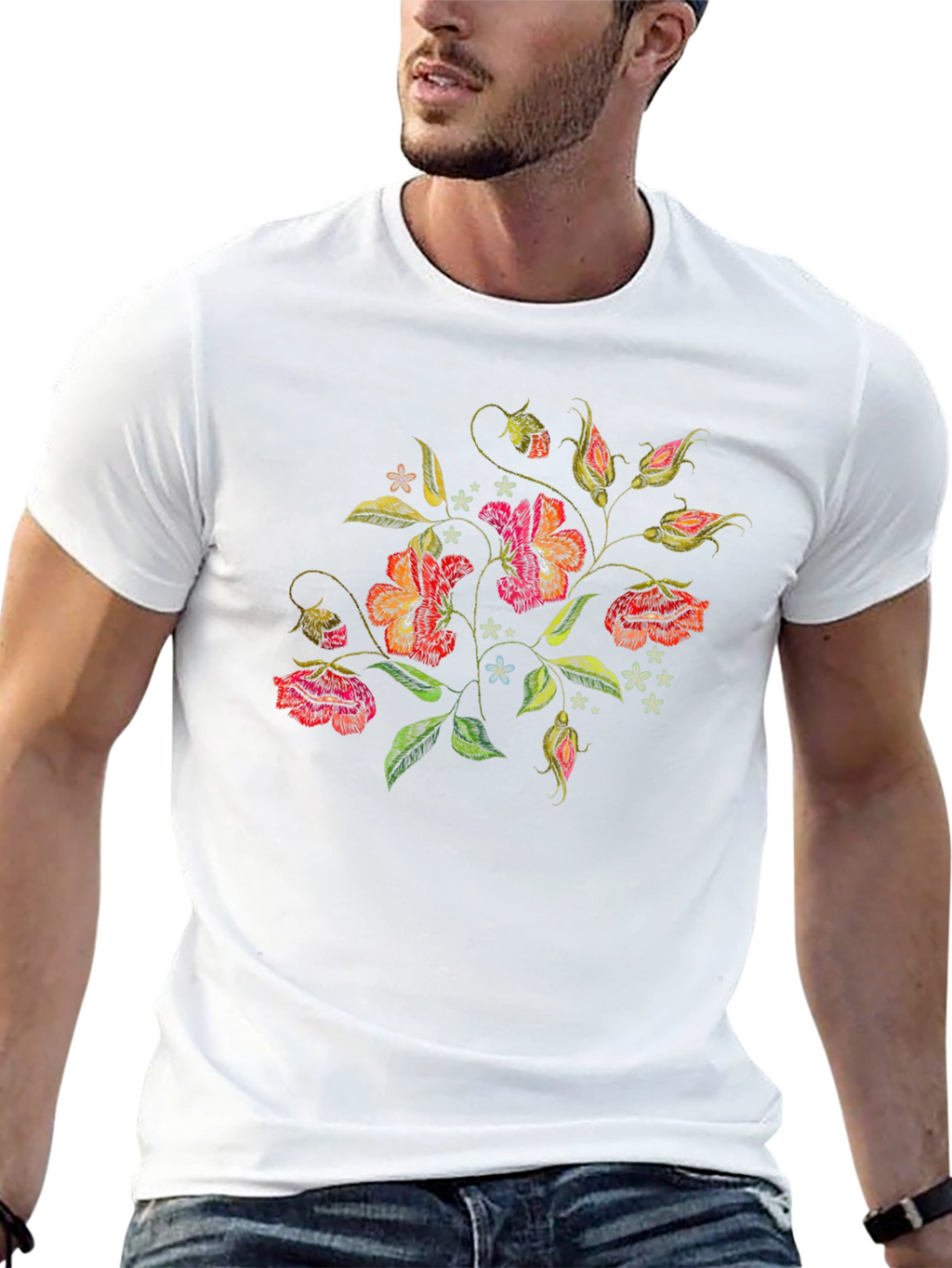 Floral Embroidered Black T-Shirt