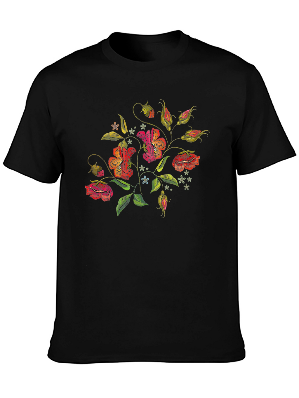 Floral Embroidered Black T-Shirt