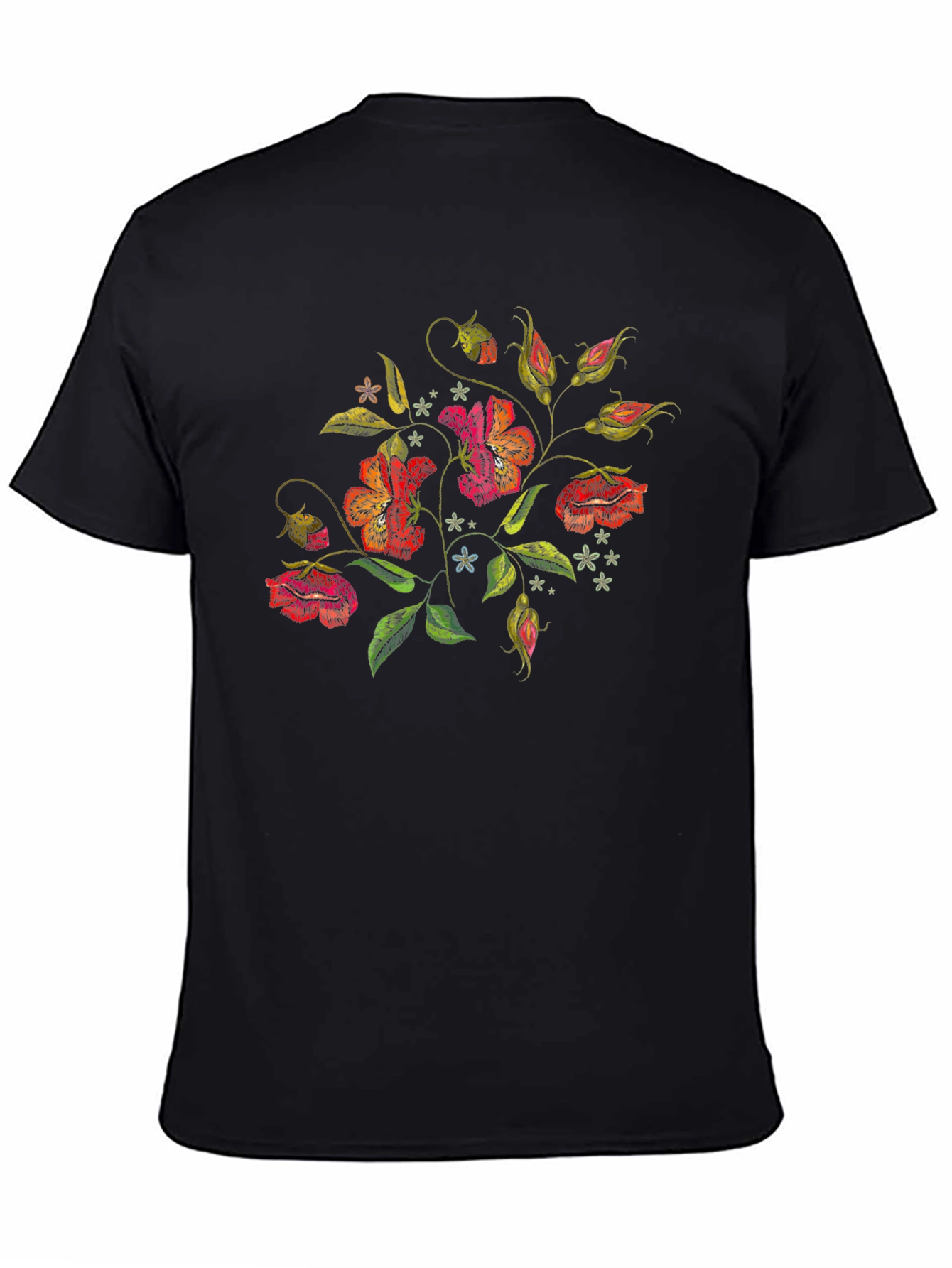 Floral Embroidered Black T-Shirt