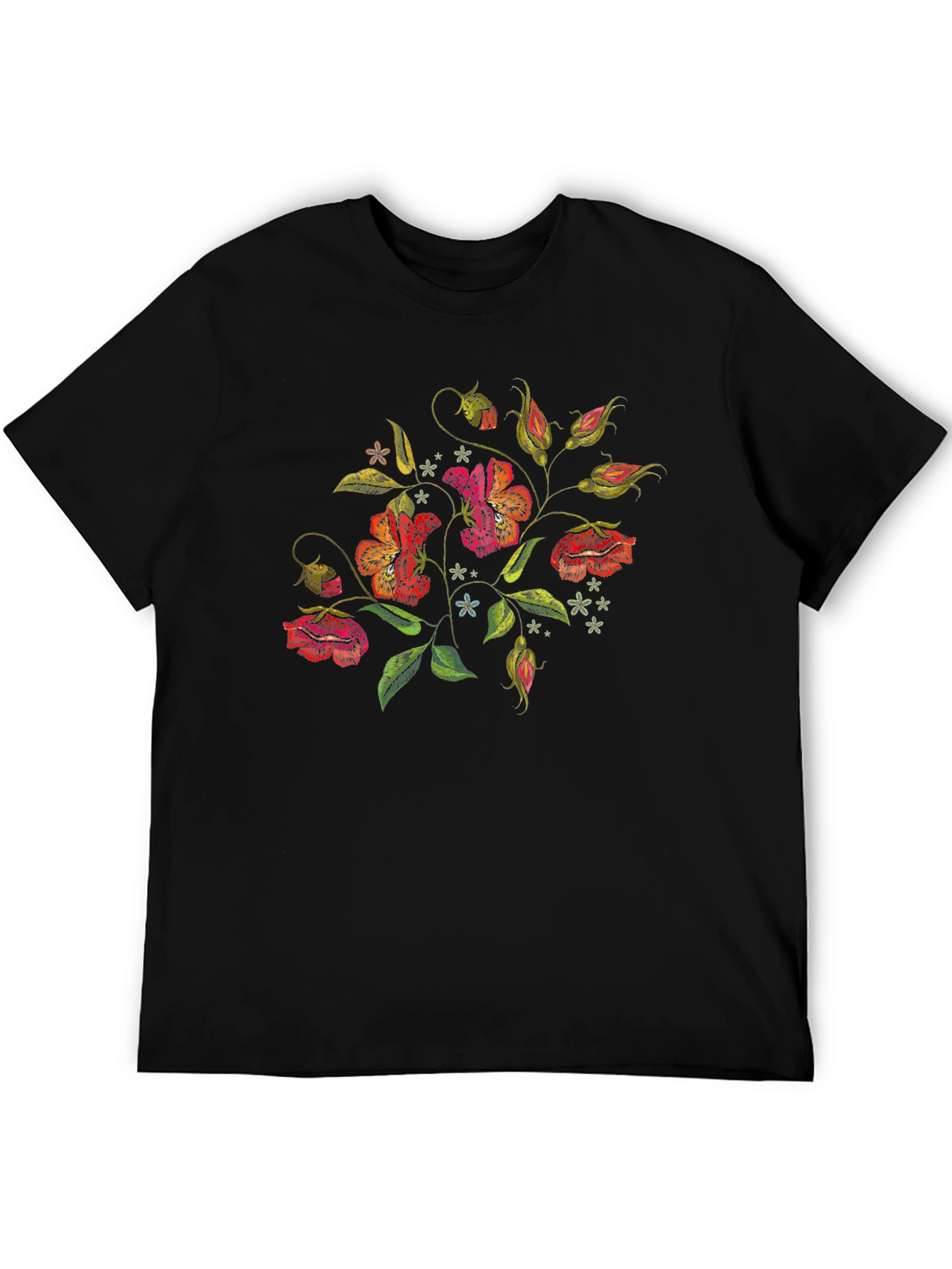 Floral Embroidered Black T-Shirt