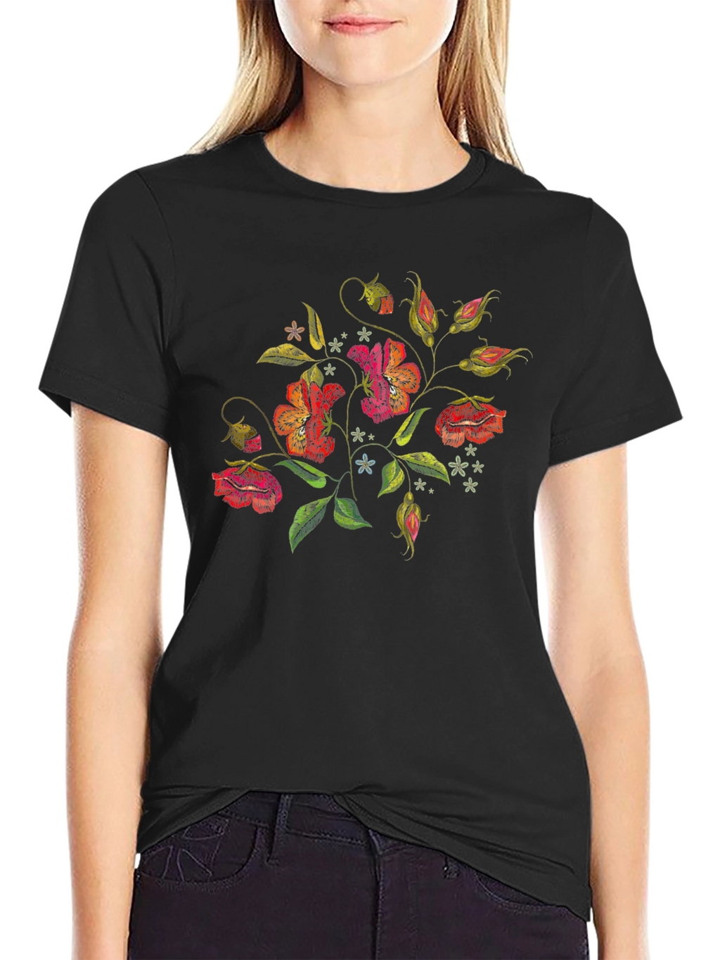 Floral Embroidered Black T-Shirt
