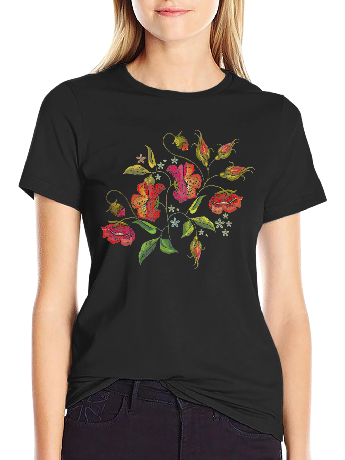 Floral Embroidered Black T-Shirt