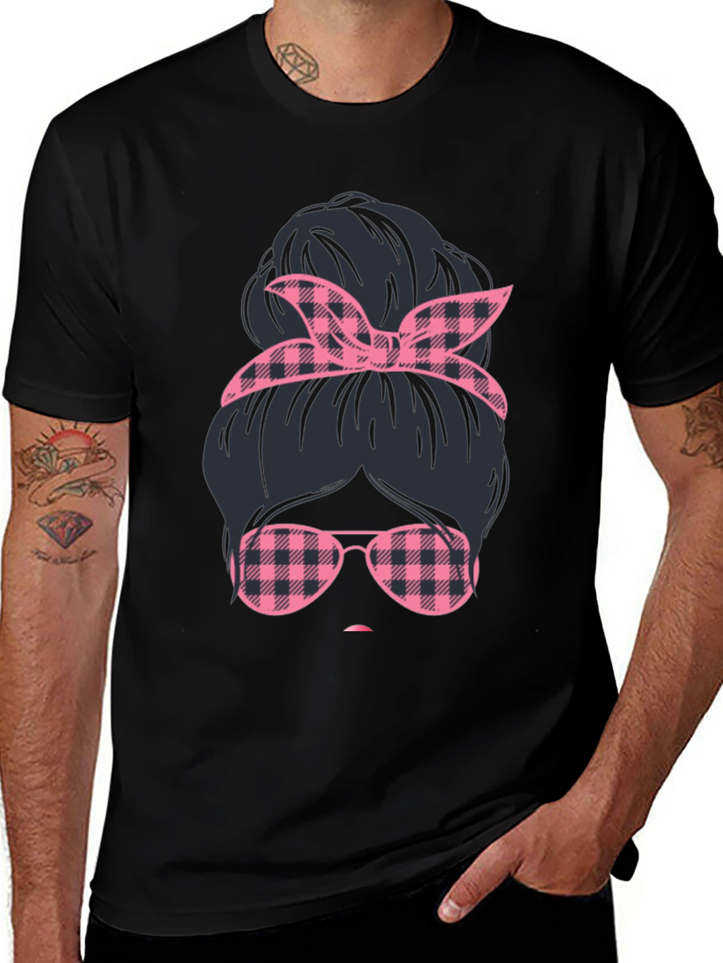 Messy Bun Pink Plaid T-Shirt