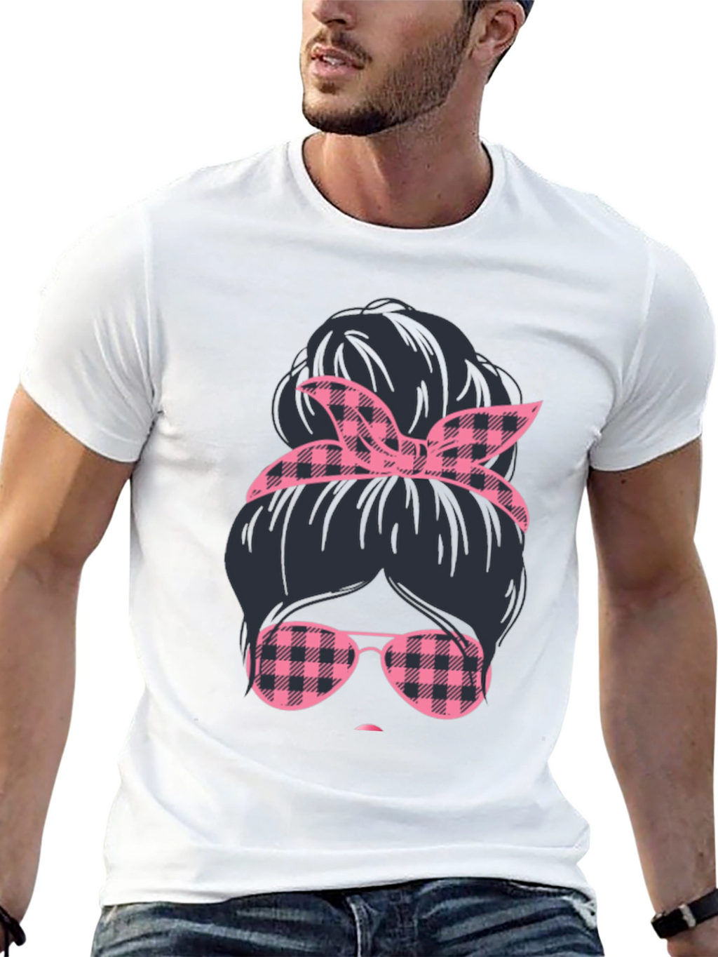 Messy Bun Pink Plaid T-Shirt