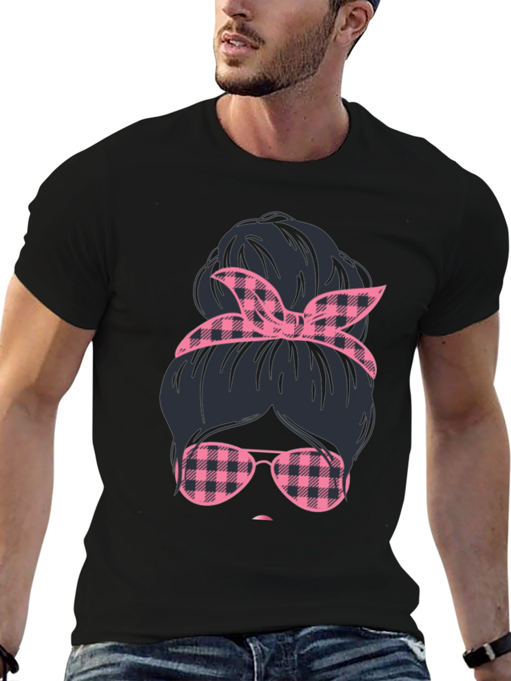 Messy Bun Pink Plaid T-Shirt