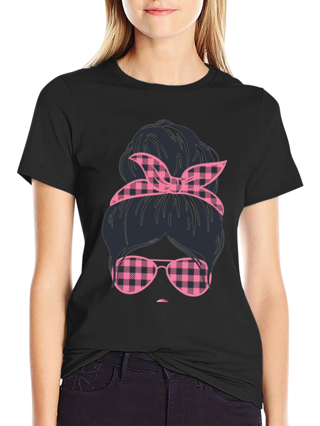 Messy Bun Pink Plaid T-Shirt