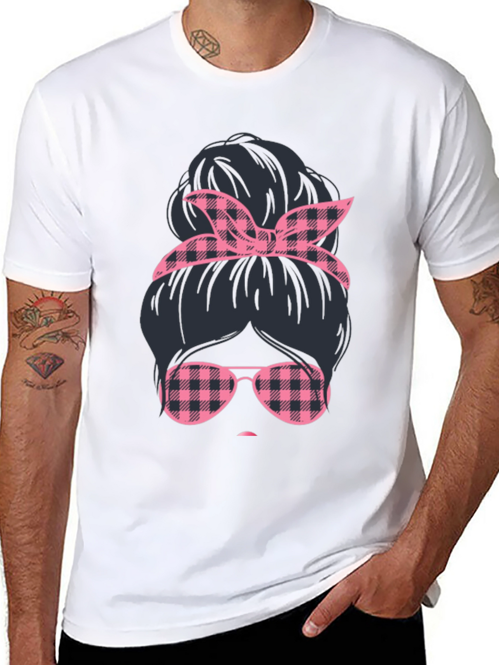 Messy Bun Pink Plaid T-Shirt