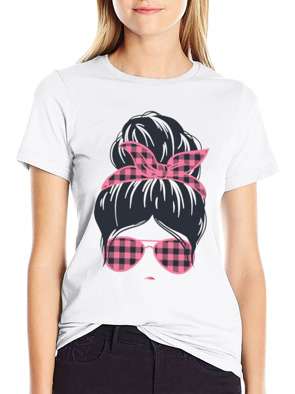 Messy Bun Pink Plaid T-Shirt