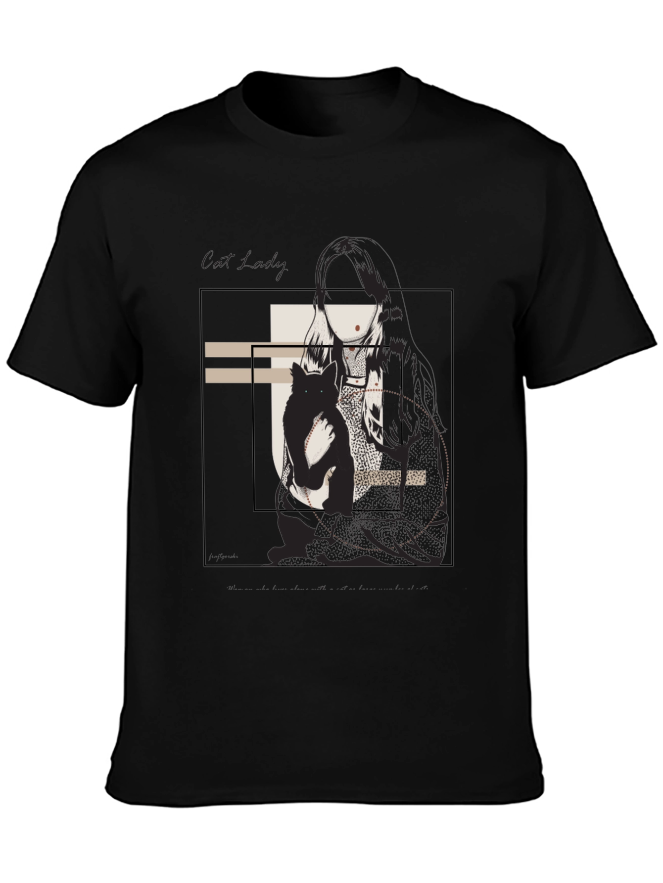 Graphic Tee: Woman & Cat Sketch Black T-Shirt