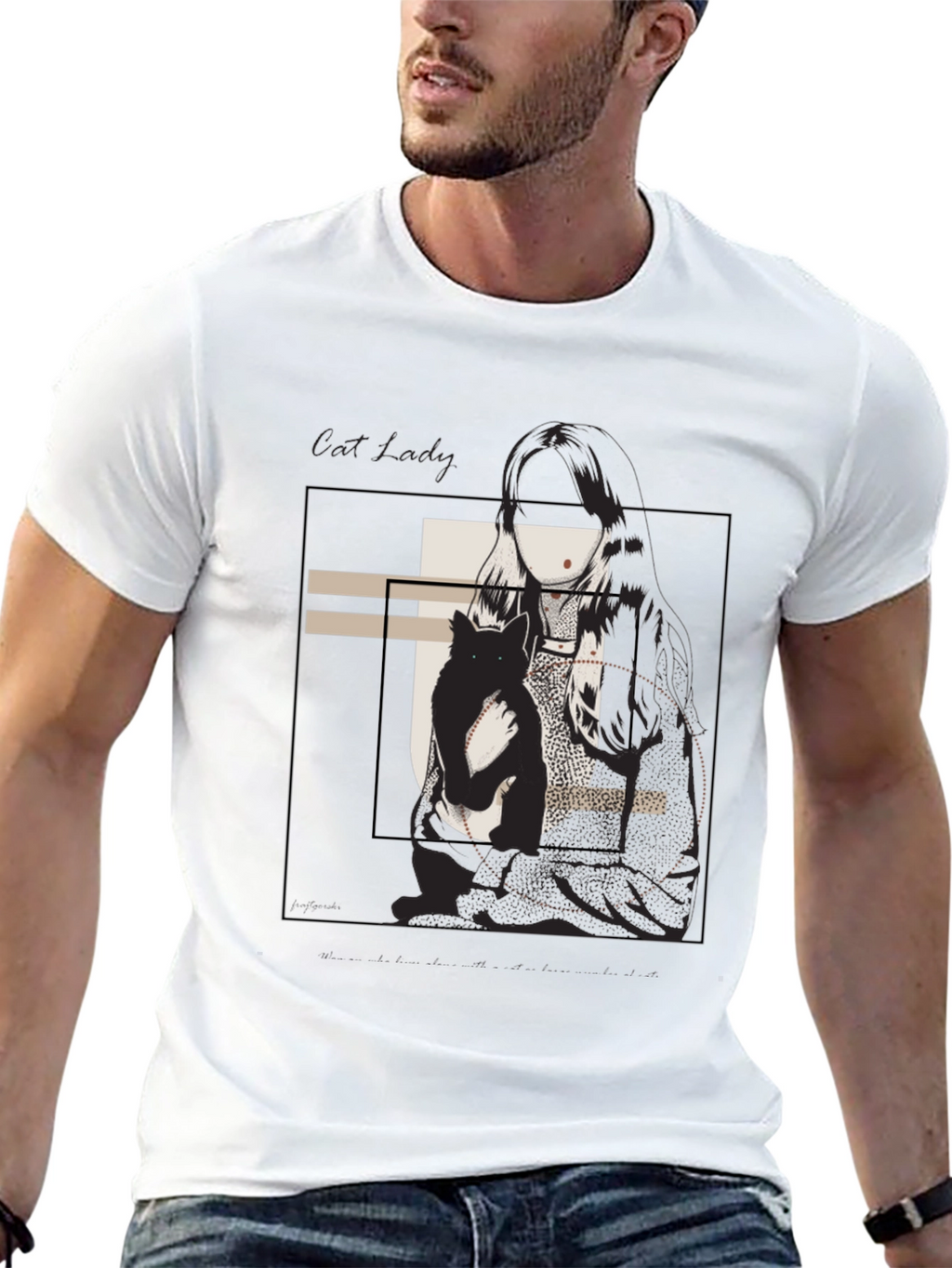 Graphic Tee: Woman & Cat Sketch Black T-Shirt