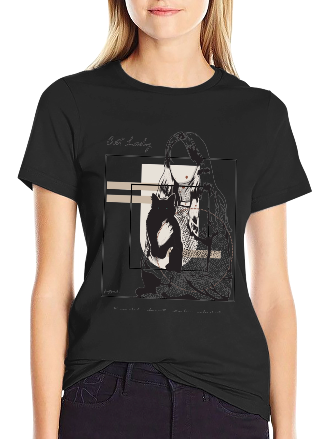 Graphic Tee: Woman & Cat Sketch Black T-Shirt