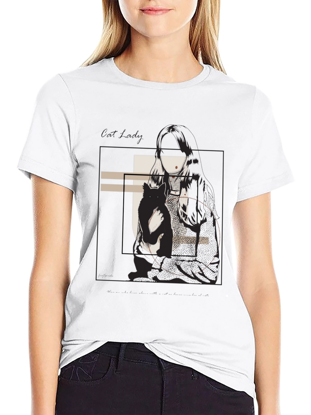 Graphic Tee: Woman & Cat Sketch Black T-Shirt