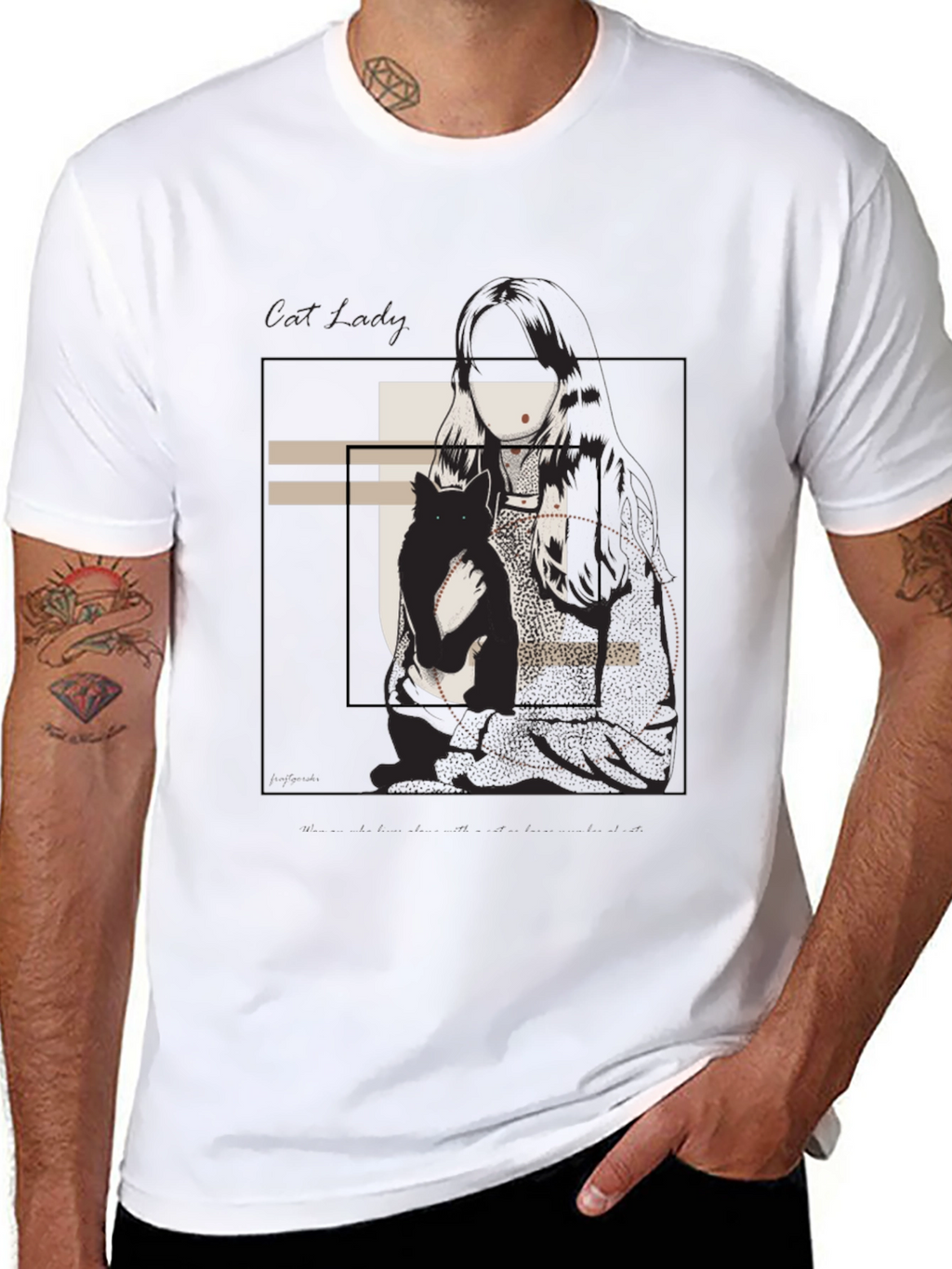 Graphic Tee: Woman & Cat Sketch Black T-Shirt