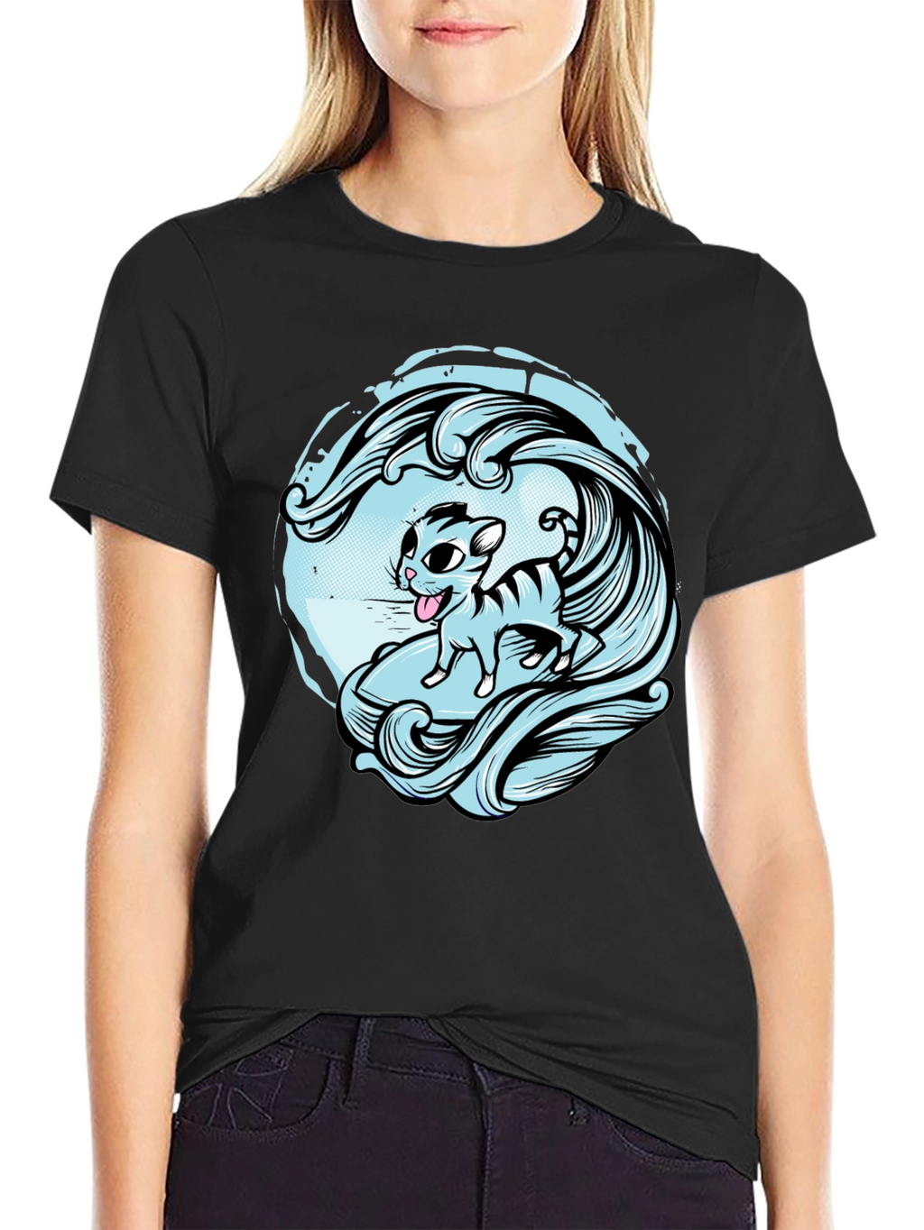 Surfing Cat Graphic Tee - Cool Wave Design