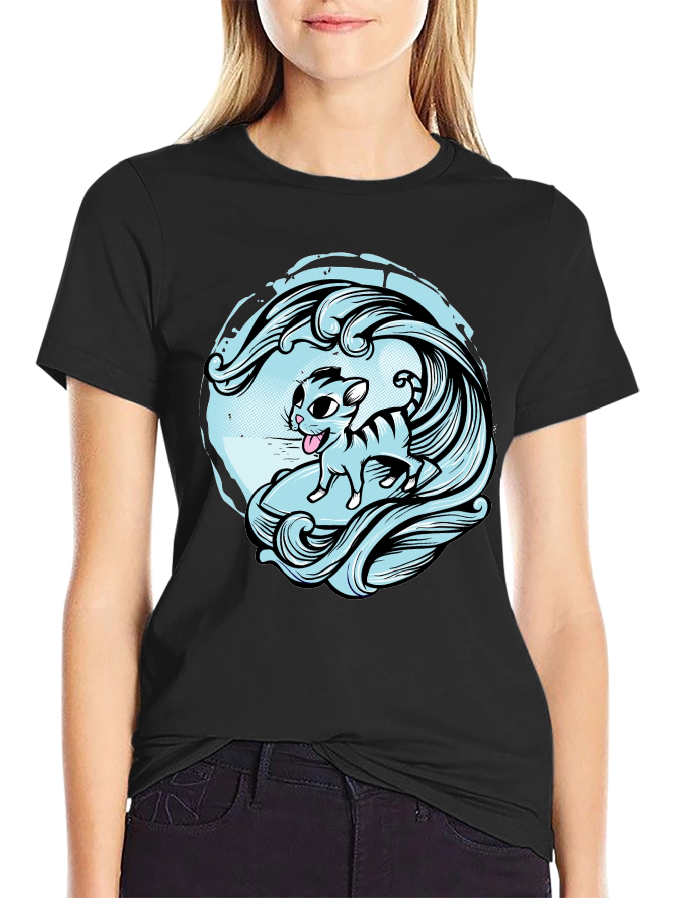 Surfing Cat Graphic Tee - Cool Wave Design