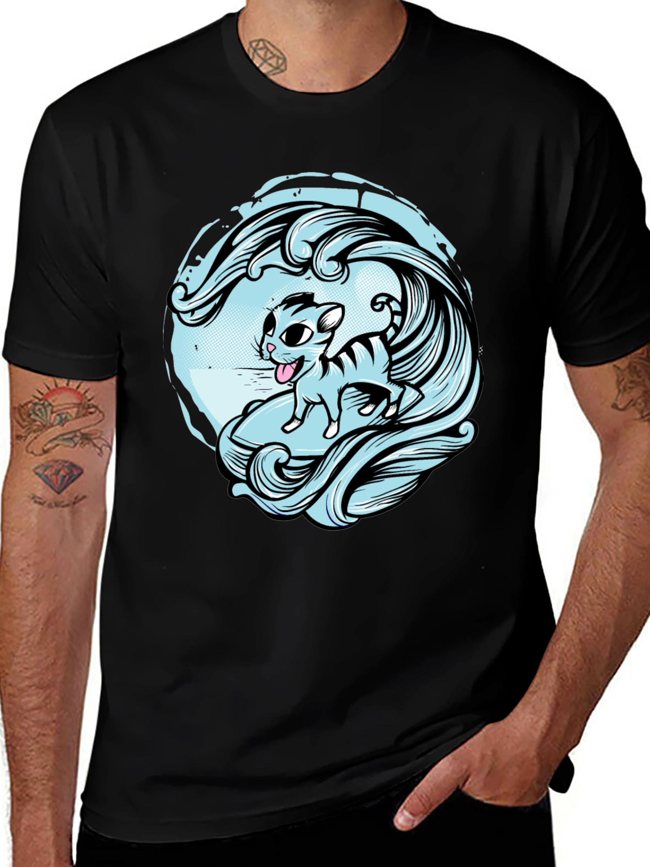 Surfing Cat Graphic Tee - Cool Wave Design