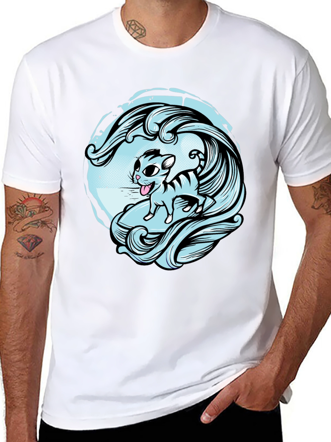 Surfing Cat Graphic Tee - Cool Wave Design