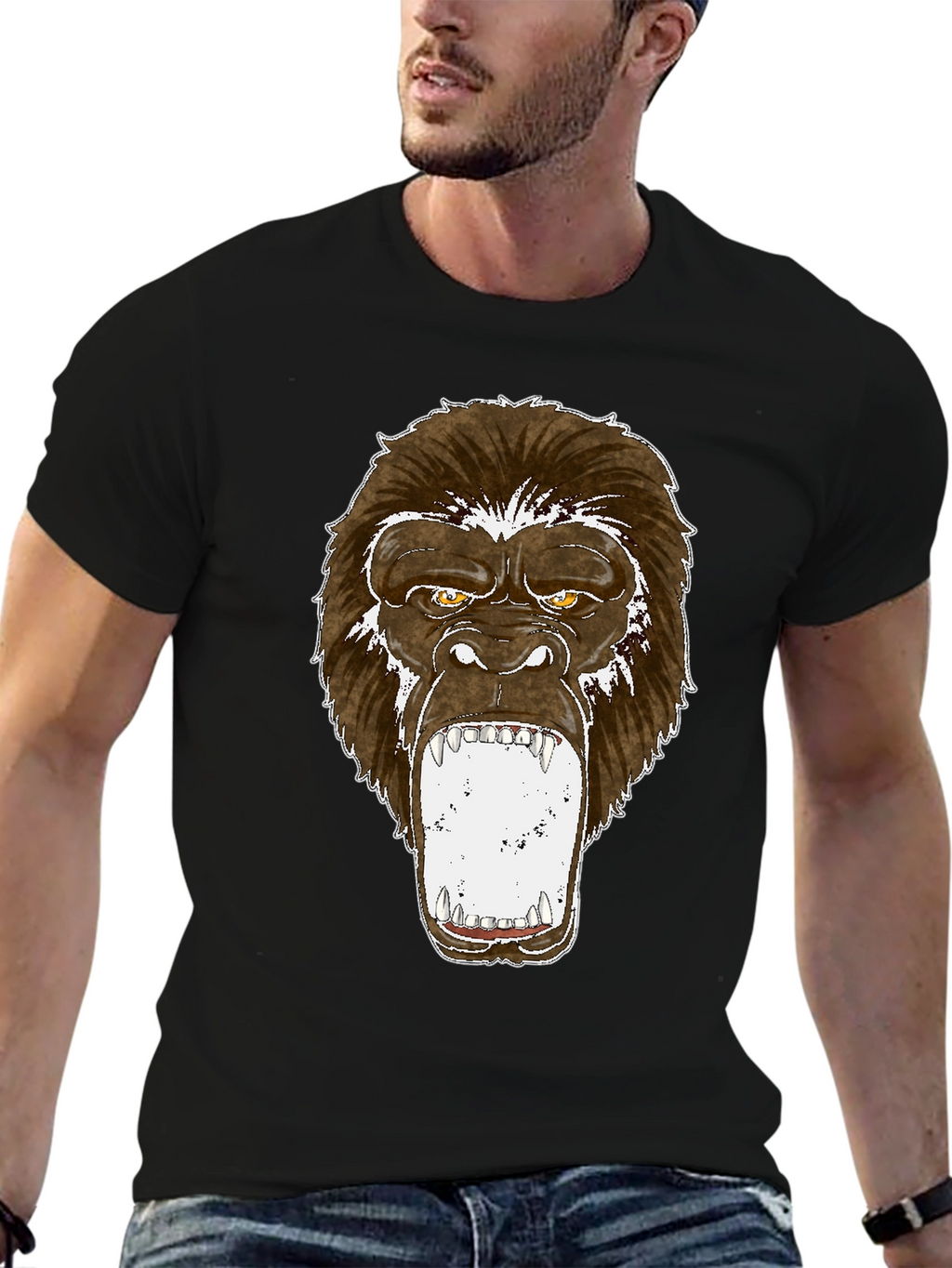 Graphic Tee - Roaring Gorilla Print Black T-Shirt
