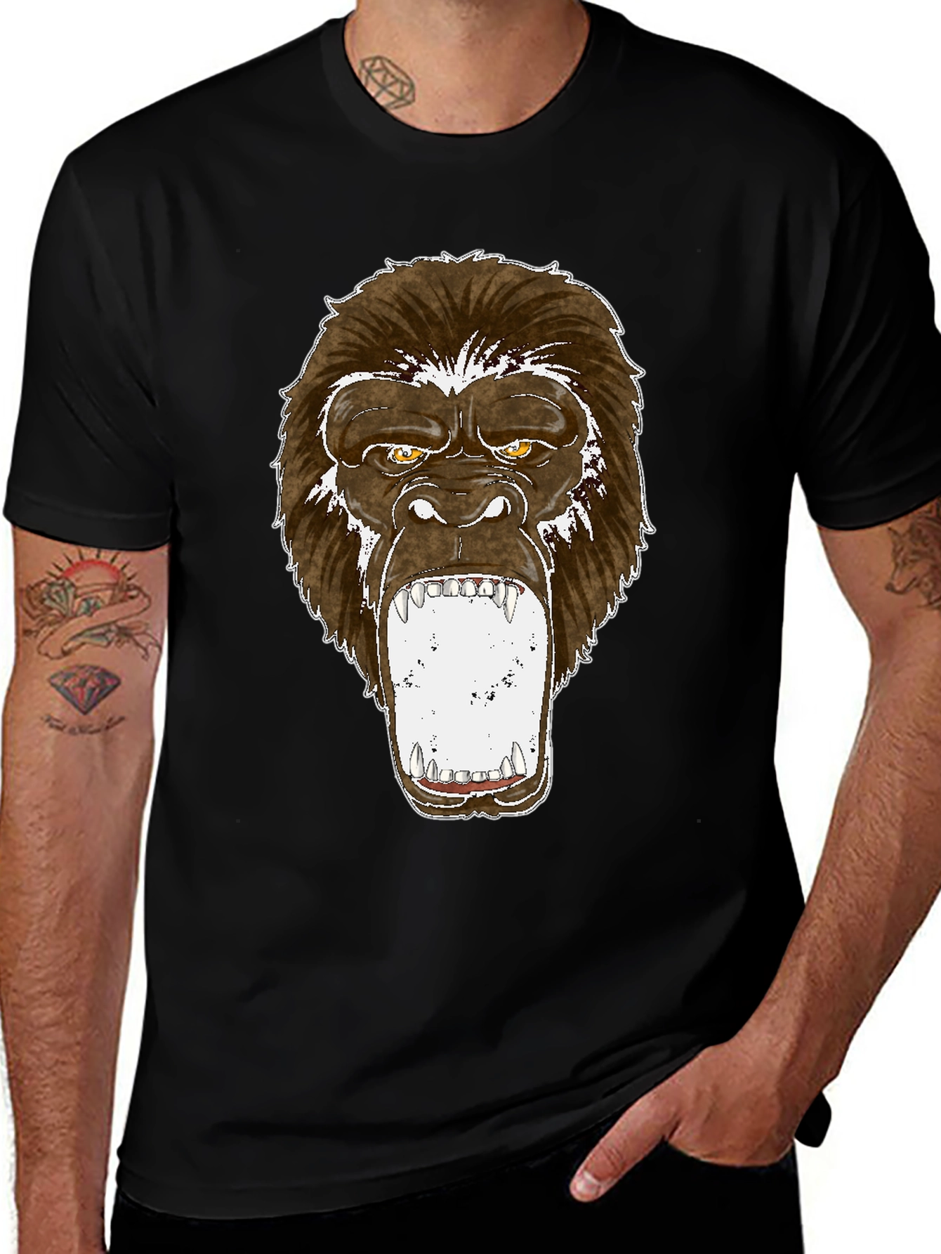 Graphic Tee - Roaring Gorilla Print Black T-Shirt
