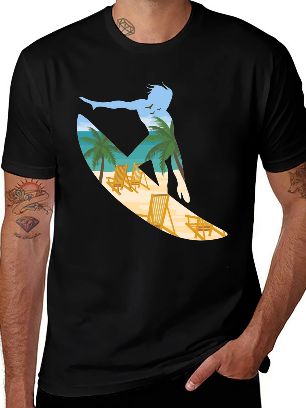 Surfer Beach Scene Graphic Tee - Black
