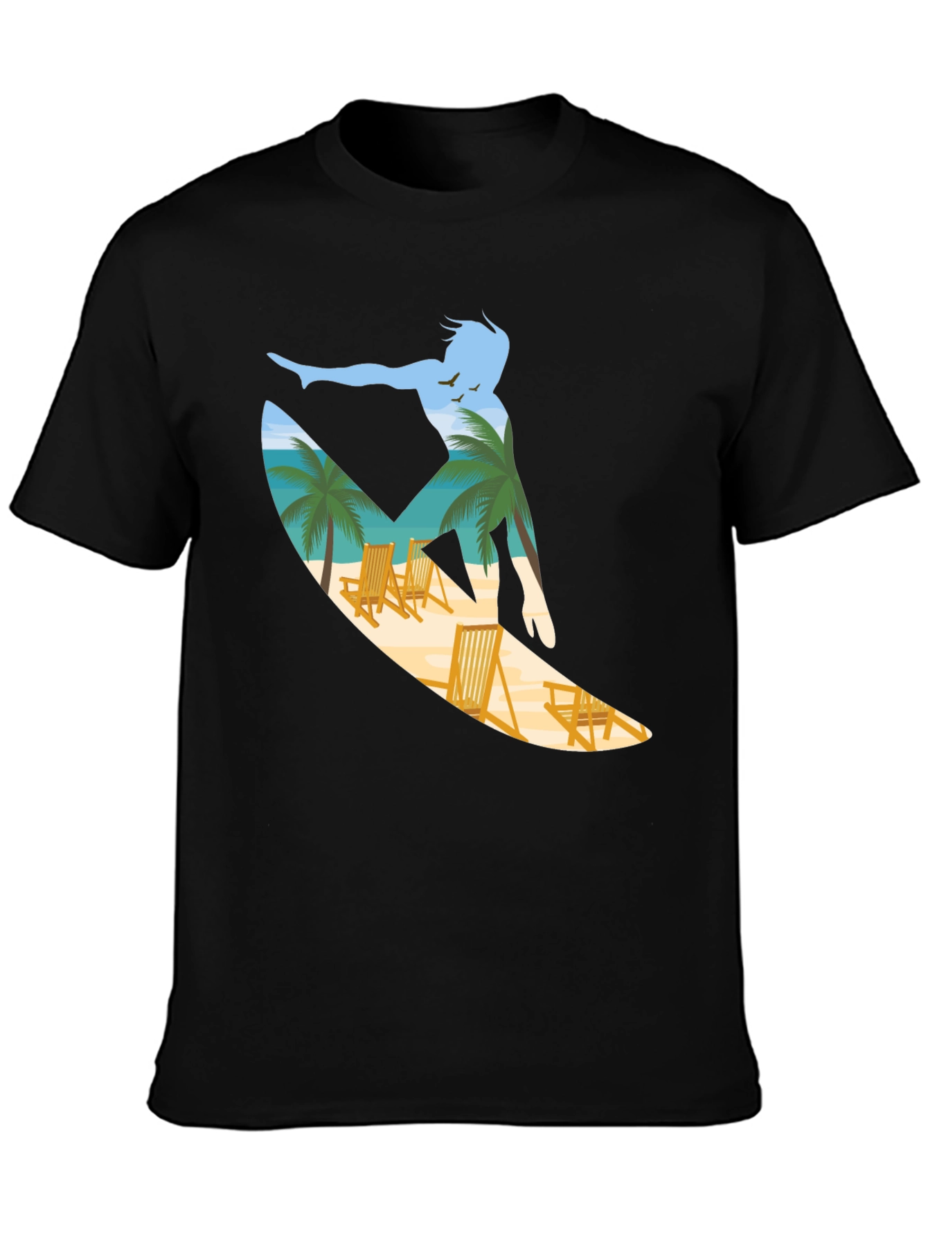 Surfer Beach Scene Graphic Tee - Black
