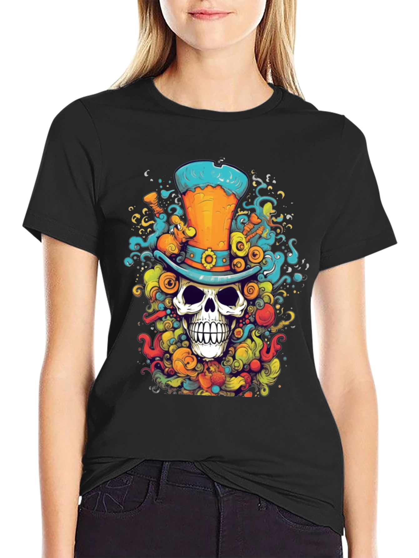 Skull Top Hat Graphic T-Shirt - Unique Colorful Design