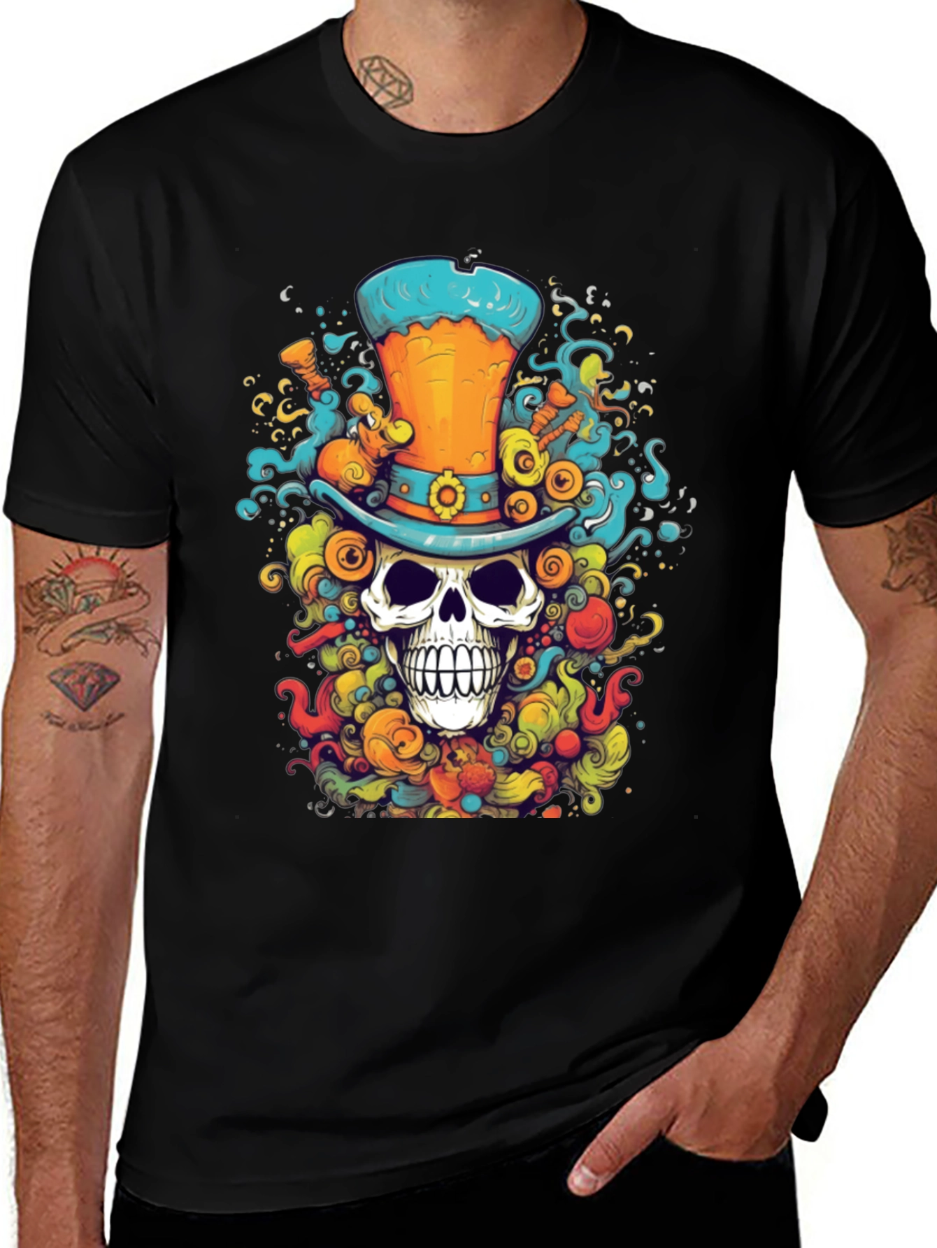 Skull Top Hat Graphic T-Shirt - Unique Colorful Design