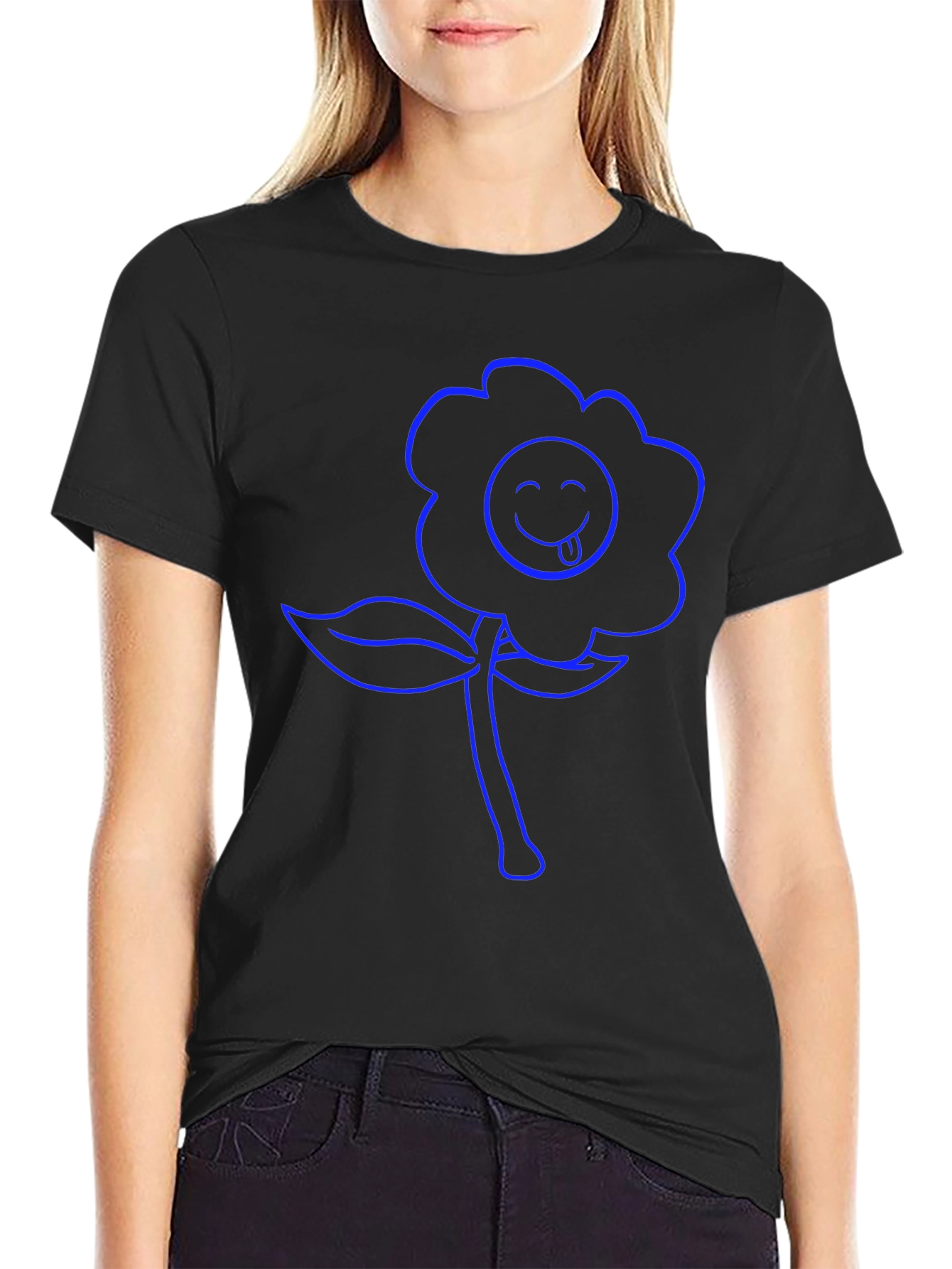 Blue Flower Emoji Graphic T-Shirt