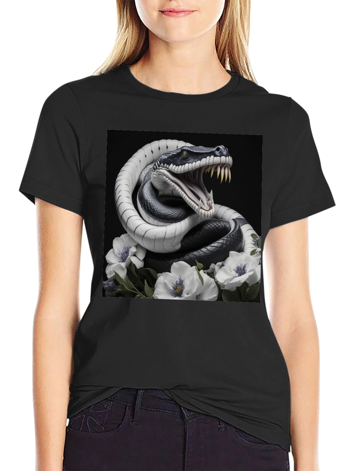 Snake & Floral Graphic Tee - Mens Black T-Shirt