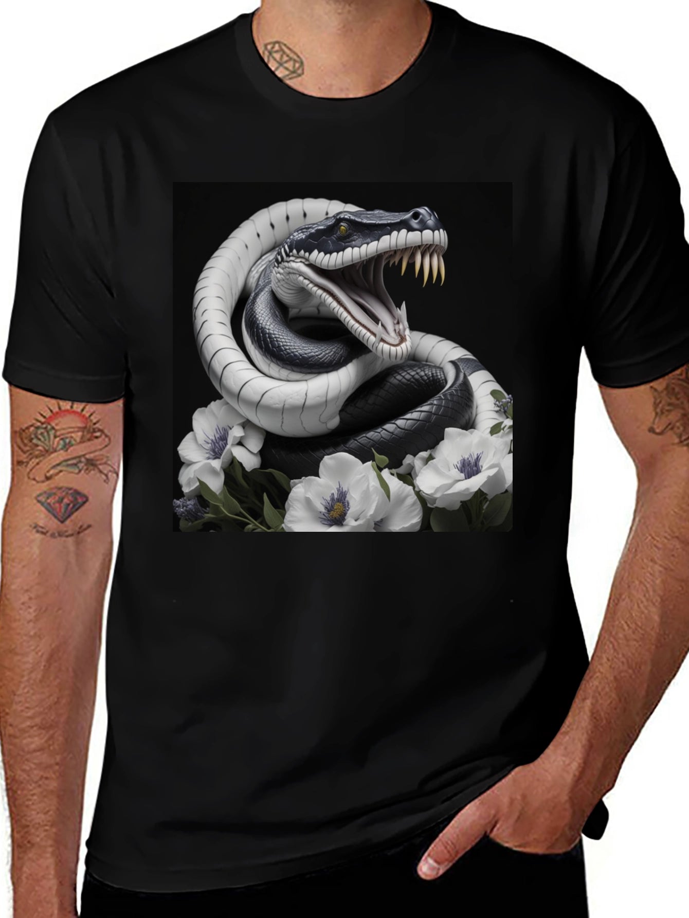 Snake & Floral Graphic Tee - Mens Black T-Shirt