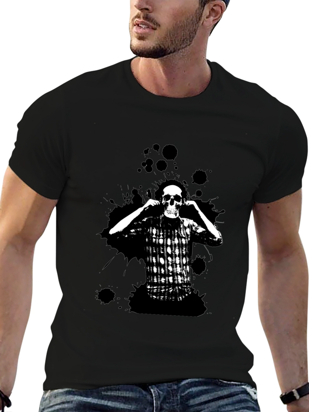 Skull & Plaid Graphic Black Tee