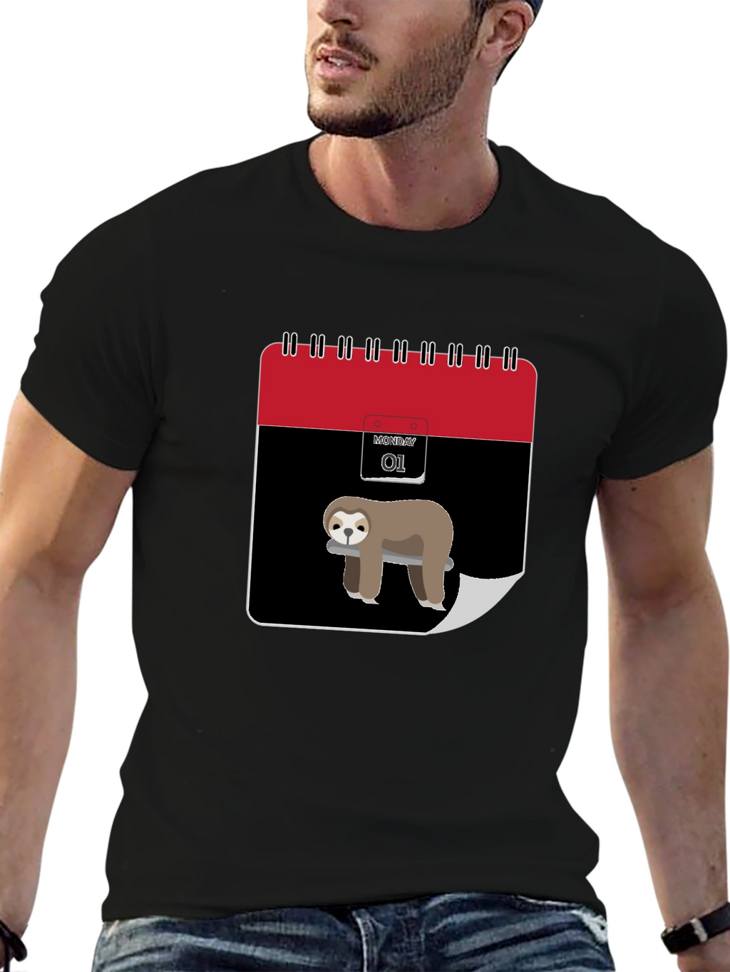 Funny Sloth Monday Calendar Graphic Tee - Black