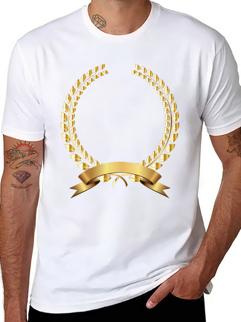 Elegant Black T-Shirt with Gold Laurel Wreath Design