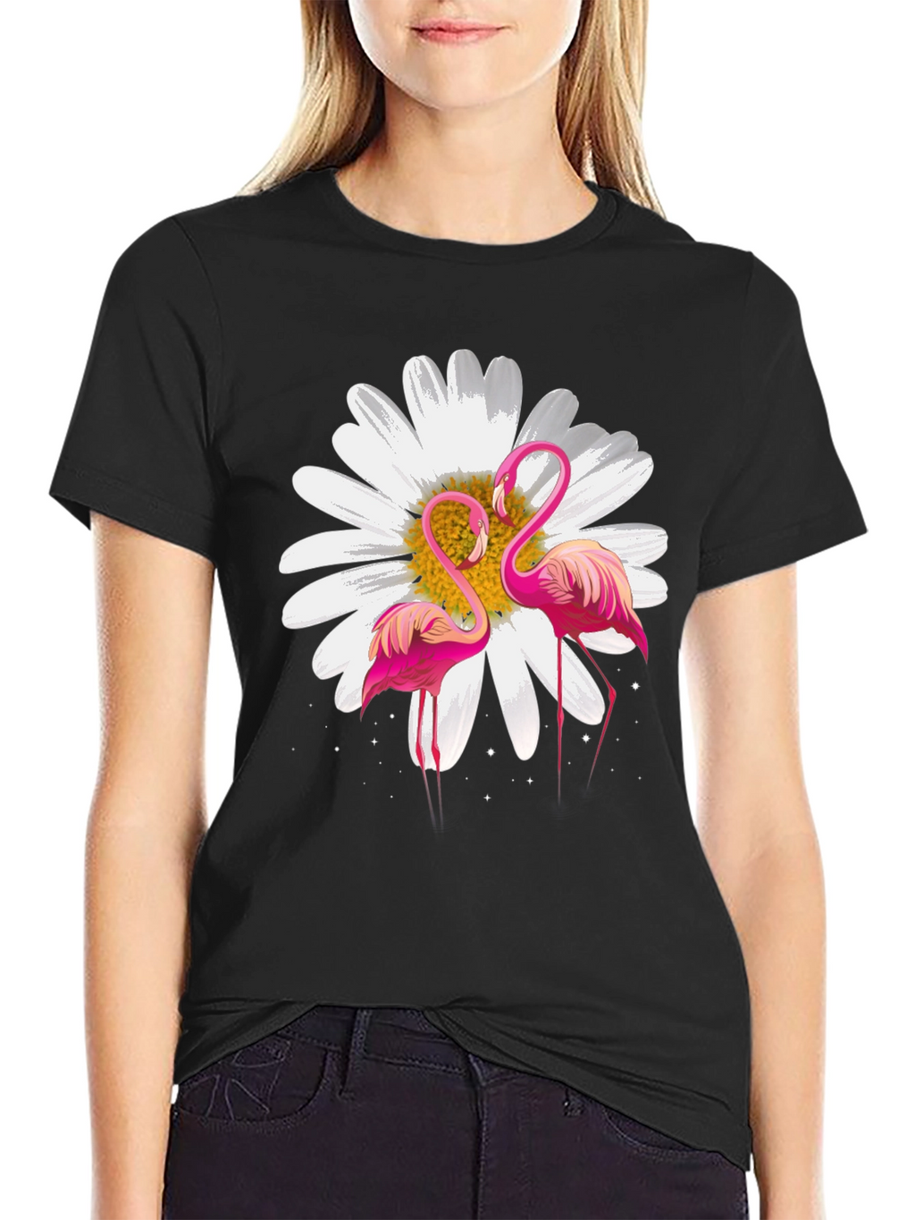 Flamingo & Daisy Graphic Black T-Shirt