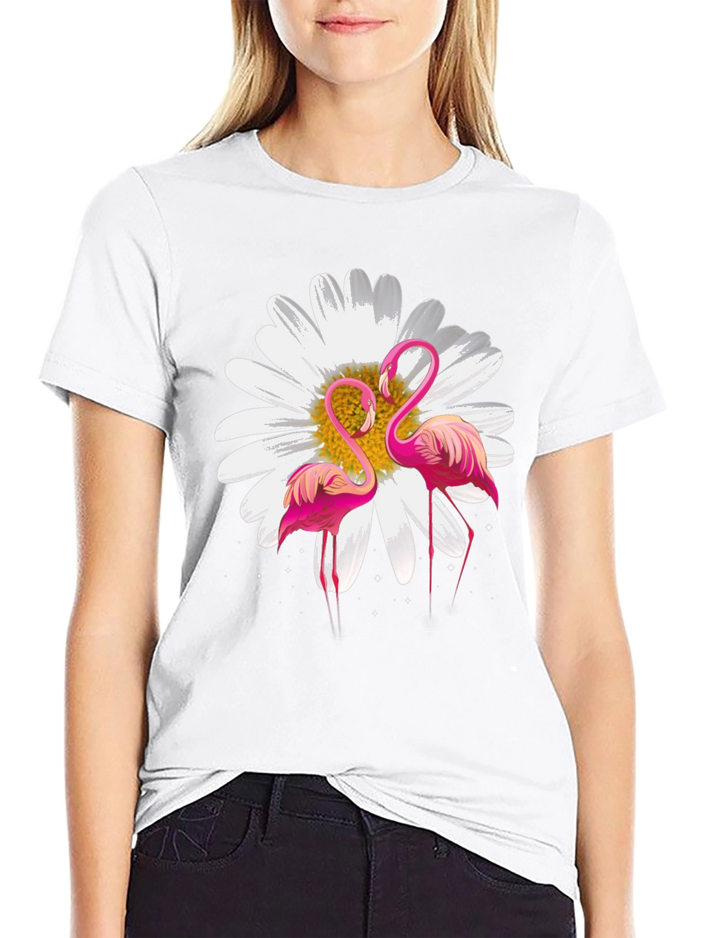 Flamingo & Daisy Graphic Black T-Shirt