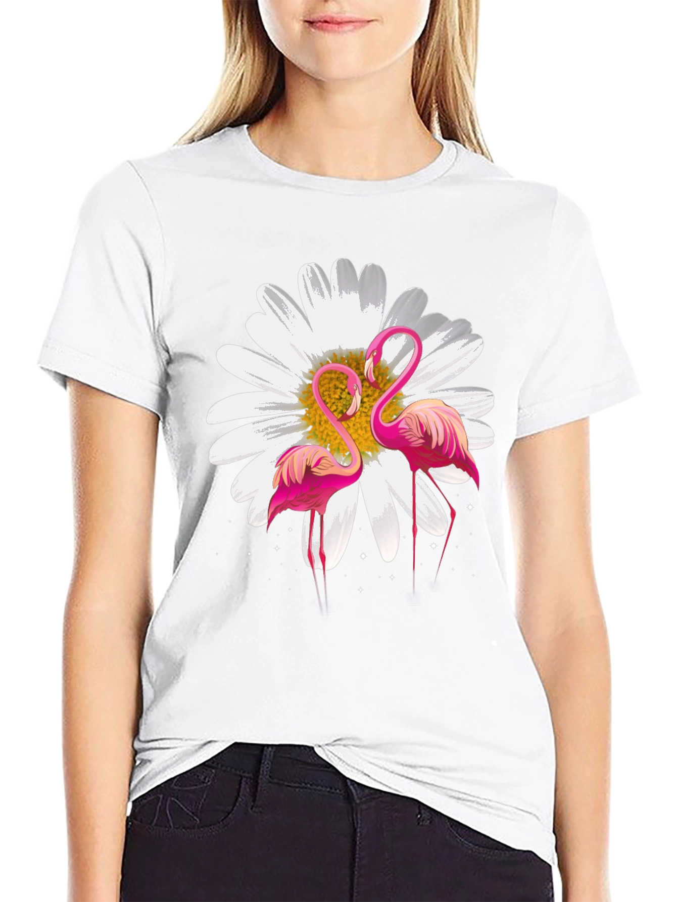 Flamingo & Daisy Graphic Black T-Shirt