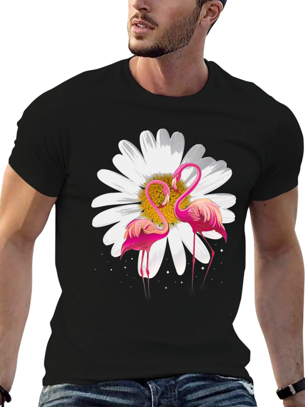 Flamingo & Daisy Graphic Black T-Shirt