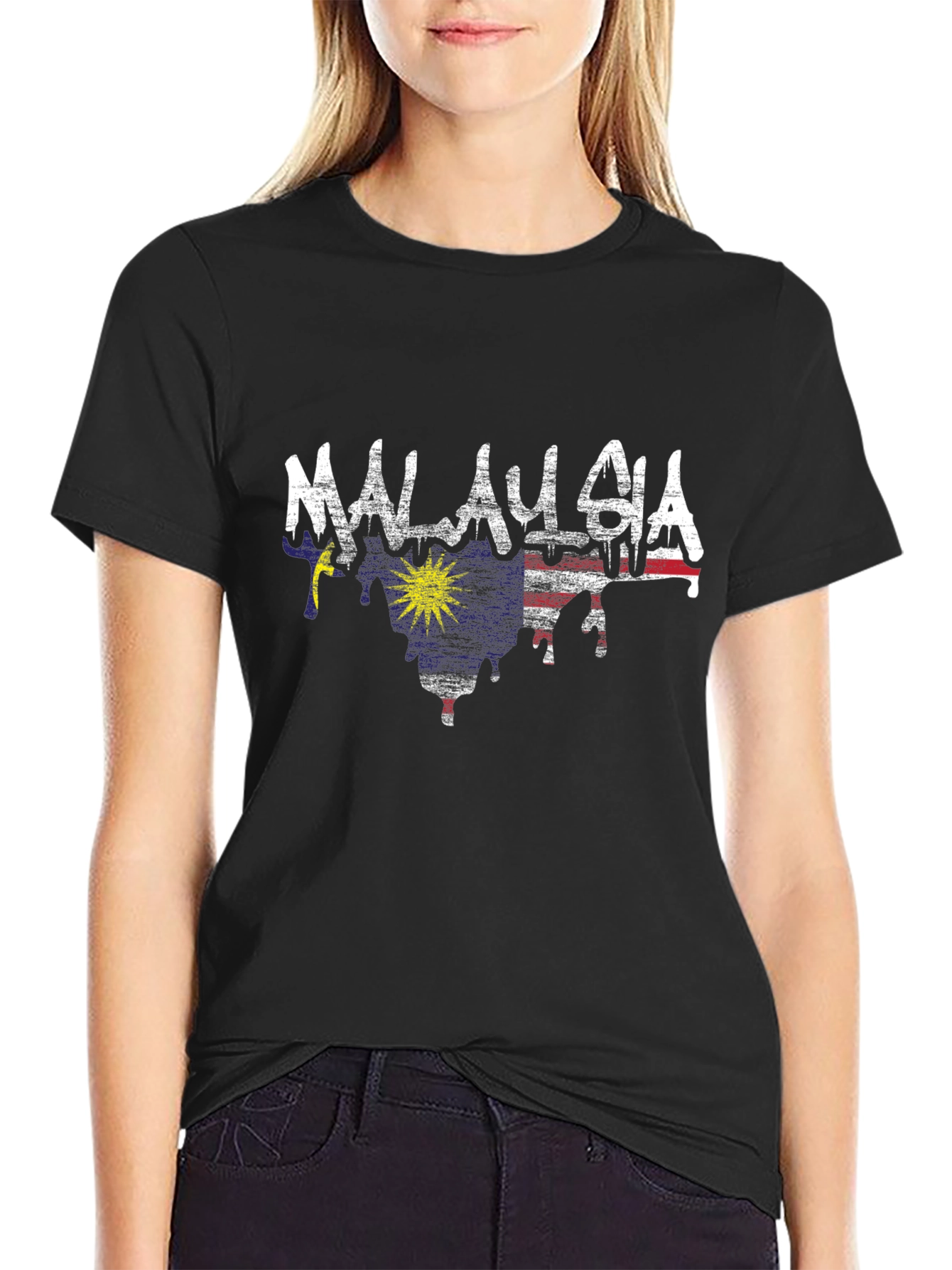 Malaysia Flag Drip Style T-Shirt - Black